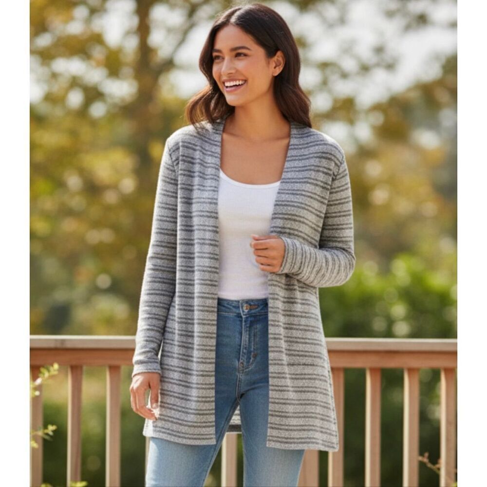 Chico’s Gray CoziSoft Striped‎ Long-Sleeve Long Cardigan Medium